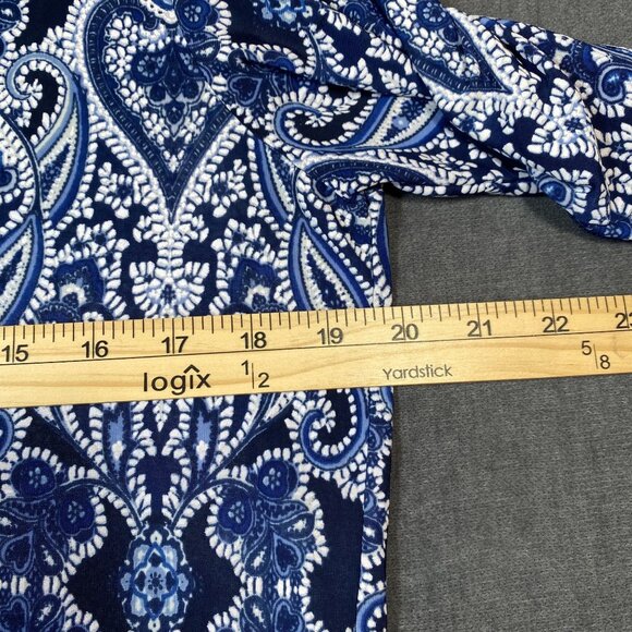 Blue Paisley V-Neck Tunic With 3/4 Sleeves PerSeption Concept Button Womens L - Picture 11 of 11